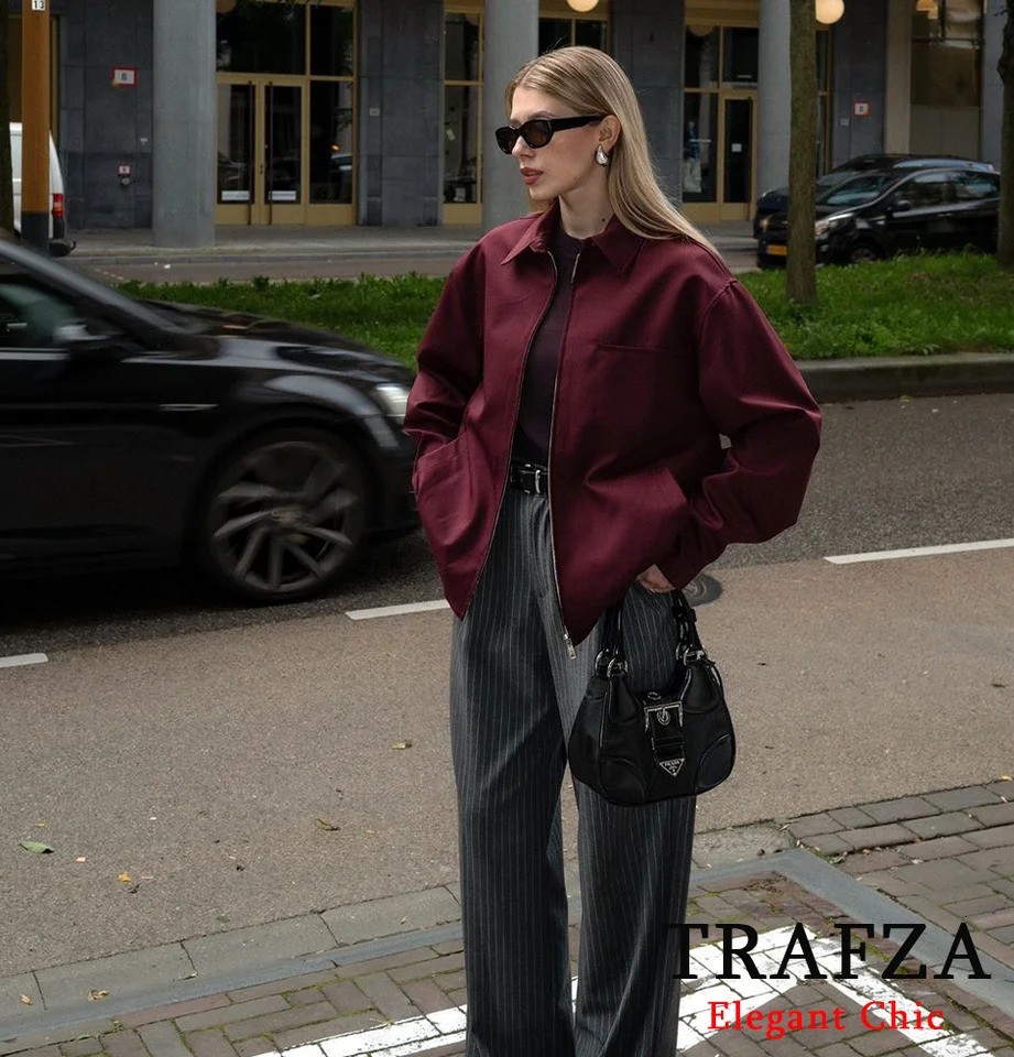 TRAFZAWomen Vintage Loose Lapel Jacket Burgundy Color Zipper Autumn Stylish Versatile Casual 241011
