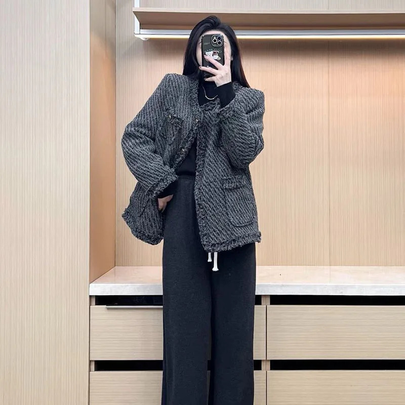 Lucyever Temperament Tweed Black Jacket Women Elegant Thicken Single Breasted Outerwear Ladies Korean with Pocket Office Coat 241011