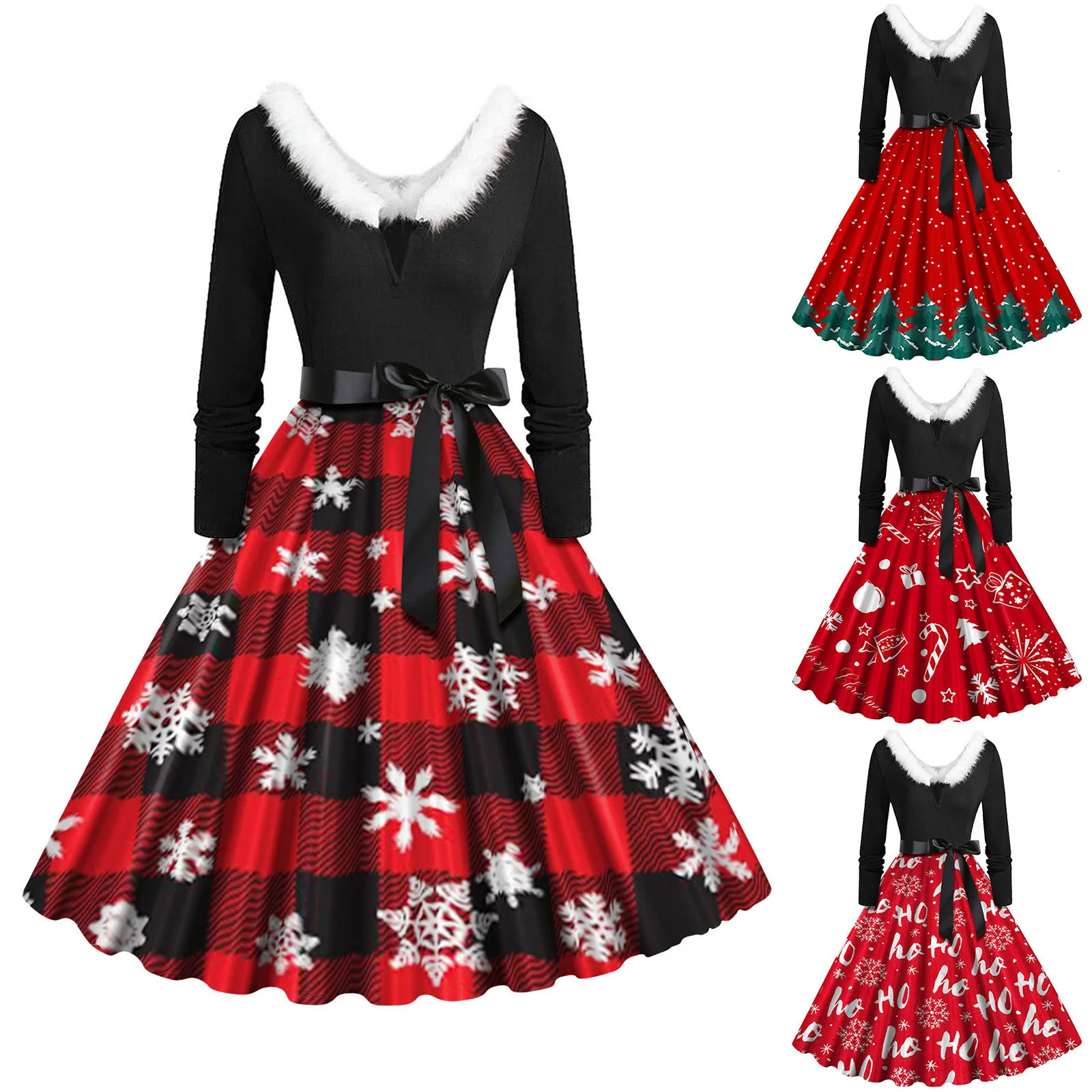 Christmas Costumes Party Dress Women Long Sleeve V Neck Fur Collar 1950s Housewife Vintage Xmas Winter Rockabilly Dress Robe 241010