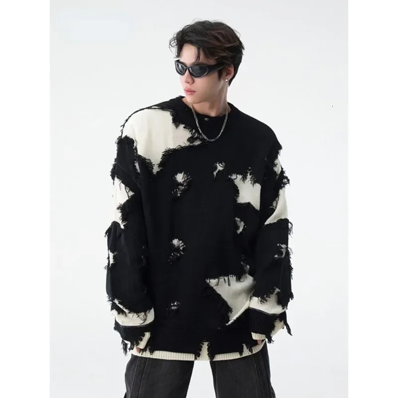 Star Hollow Tassel fashion hip-hop mens sweater Inset American High Street loose casual floral couple knitting 241007