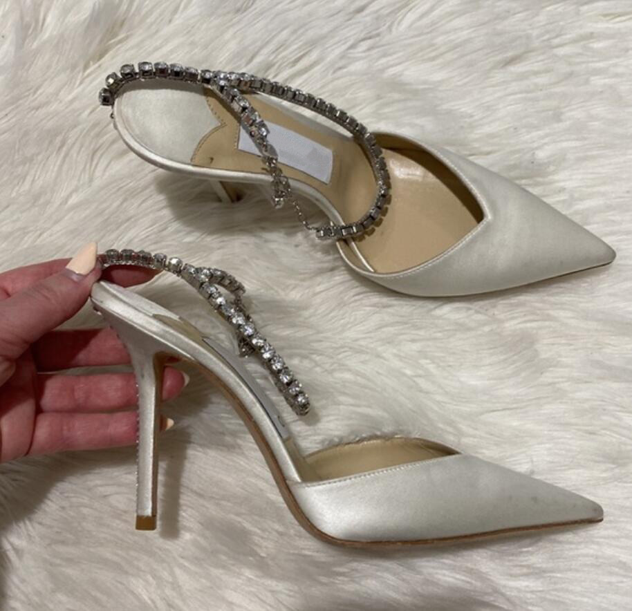 White satin pump Women high heels sandal high-heels saeda pumps leather & suede satin crystal Embellished strap pointed slinbback wedding party dress shoes