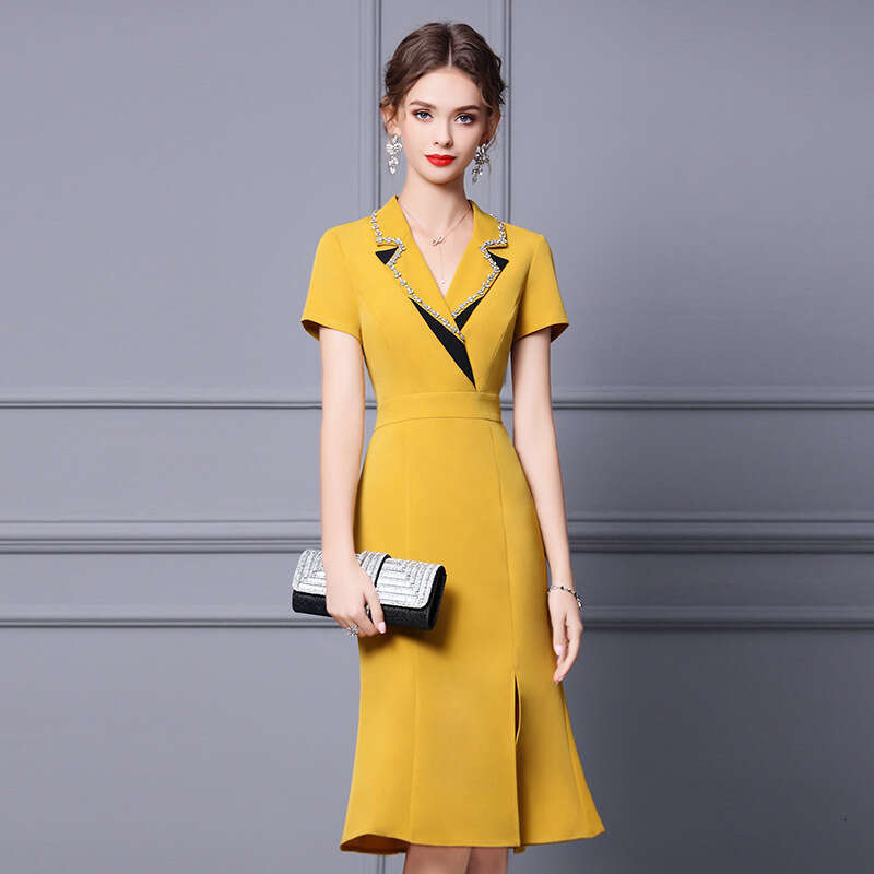 high-end summer dress suit collar nail diamond yellow waist slimming mid length fish tail skirt 2024 new style