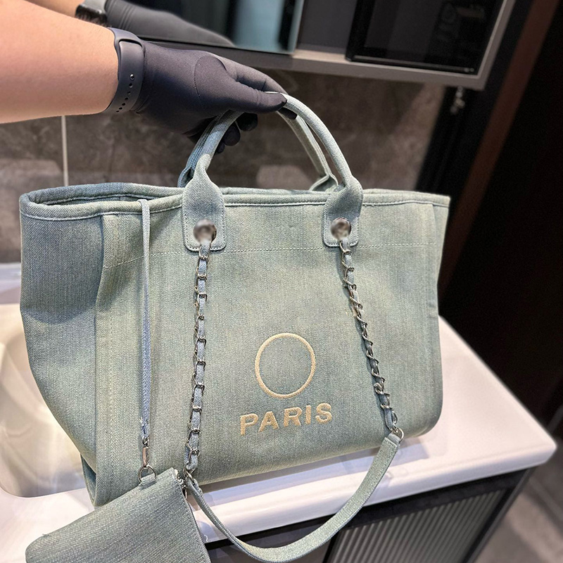 Women Luxury Light Green Denim Beach Shopping Bags Deauville Clutch With Silver Metal Hardware Matelasse Chain Crossbody Handbags Holiday Luggage Purse 38X30CM
