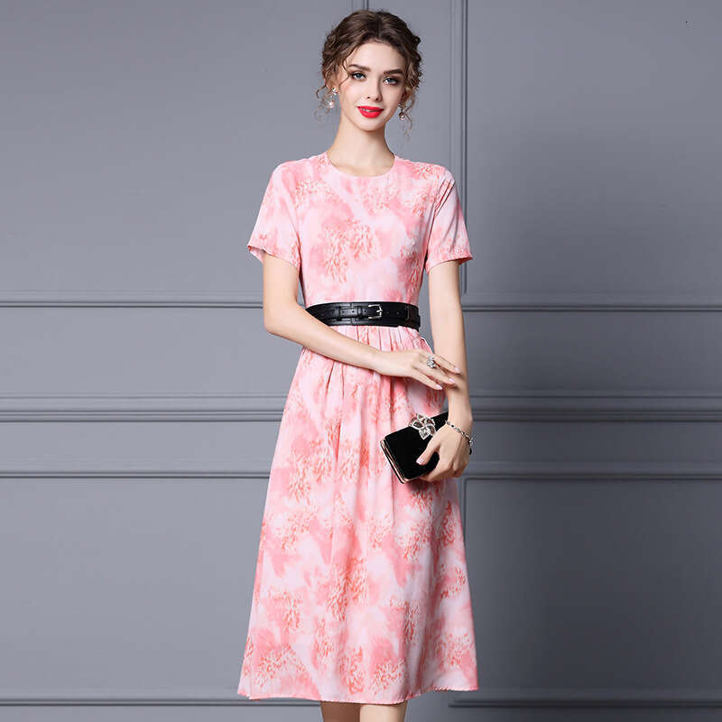Commuter Slimming Dress 2024 New Womens Summer Mid length Printed Pink Wide Belt A-line Skirt