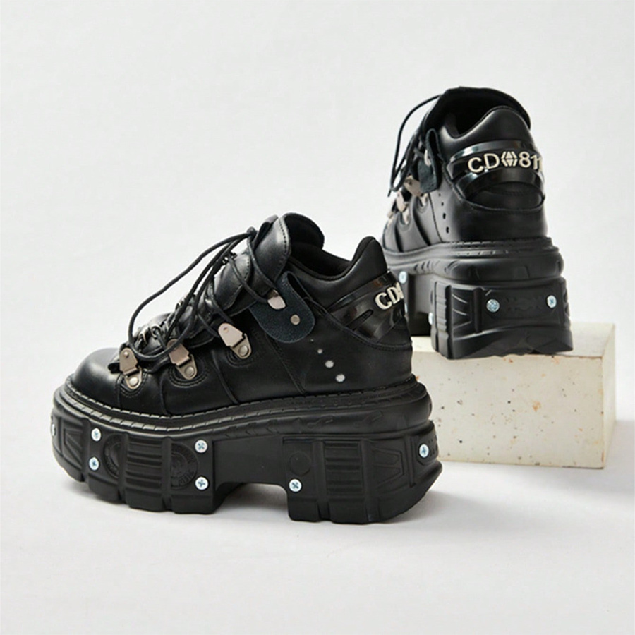 Punk Style Women Black Shoes Rock Metal Decor Lace-up Heel Height Platform Shoes Gothic Man Sneakers Women Ankle Boots 2024 New