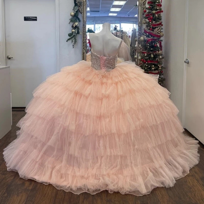 Sparkly Pink Quinceanera Dresses Off The Shoulder Ball Gowns Sequined Beads Tull Tiered Birthday Party Dress Vestidos De 15 Anos Sweet 16 Dress