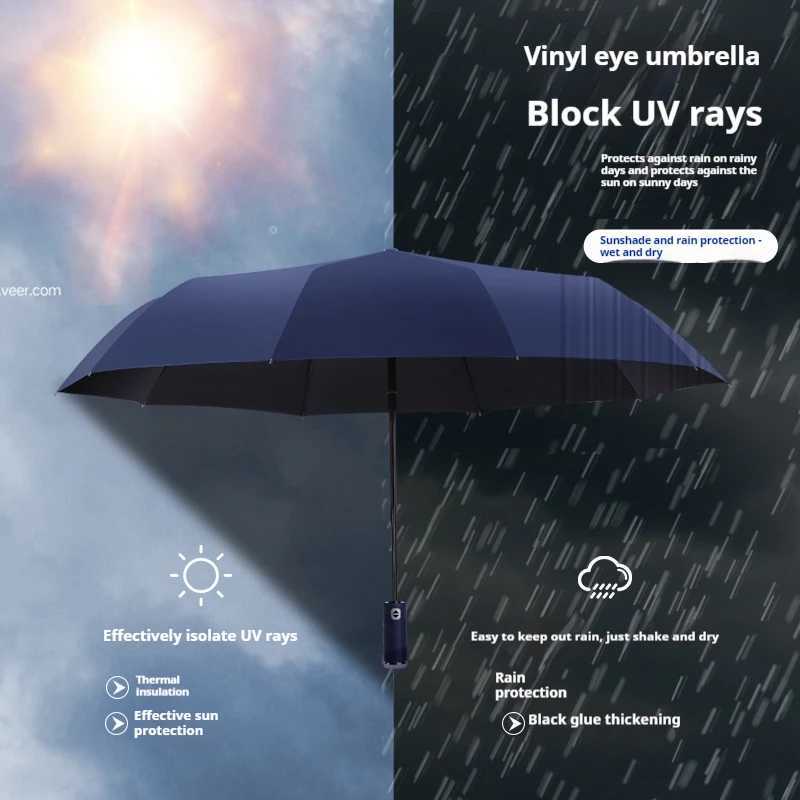10 bone fully automatic three fold umbrella rotatable LED flashlight business wind resistant folding umbrella sunny umbrella C251117