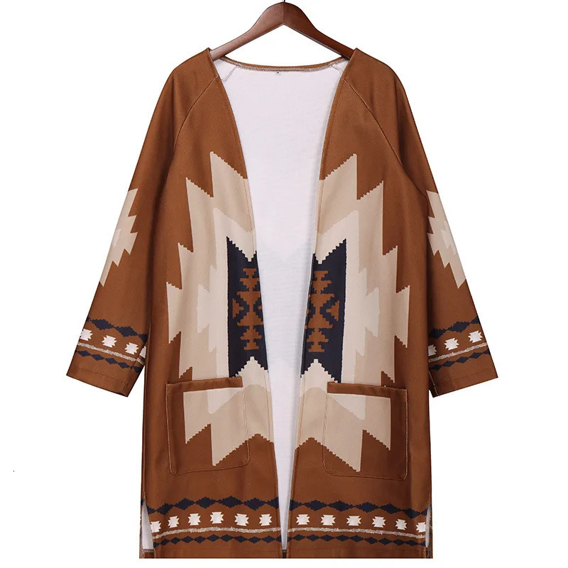 Womens retro ethnic casual printed wool jacket loose cardigan wool sweater with pockets office ladies chic and elegant fully matched jacket 241007