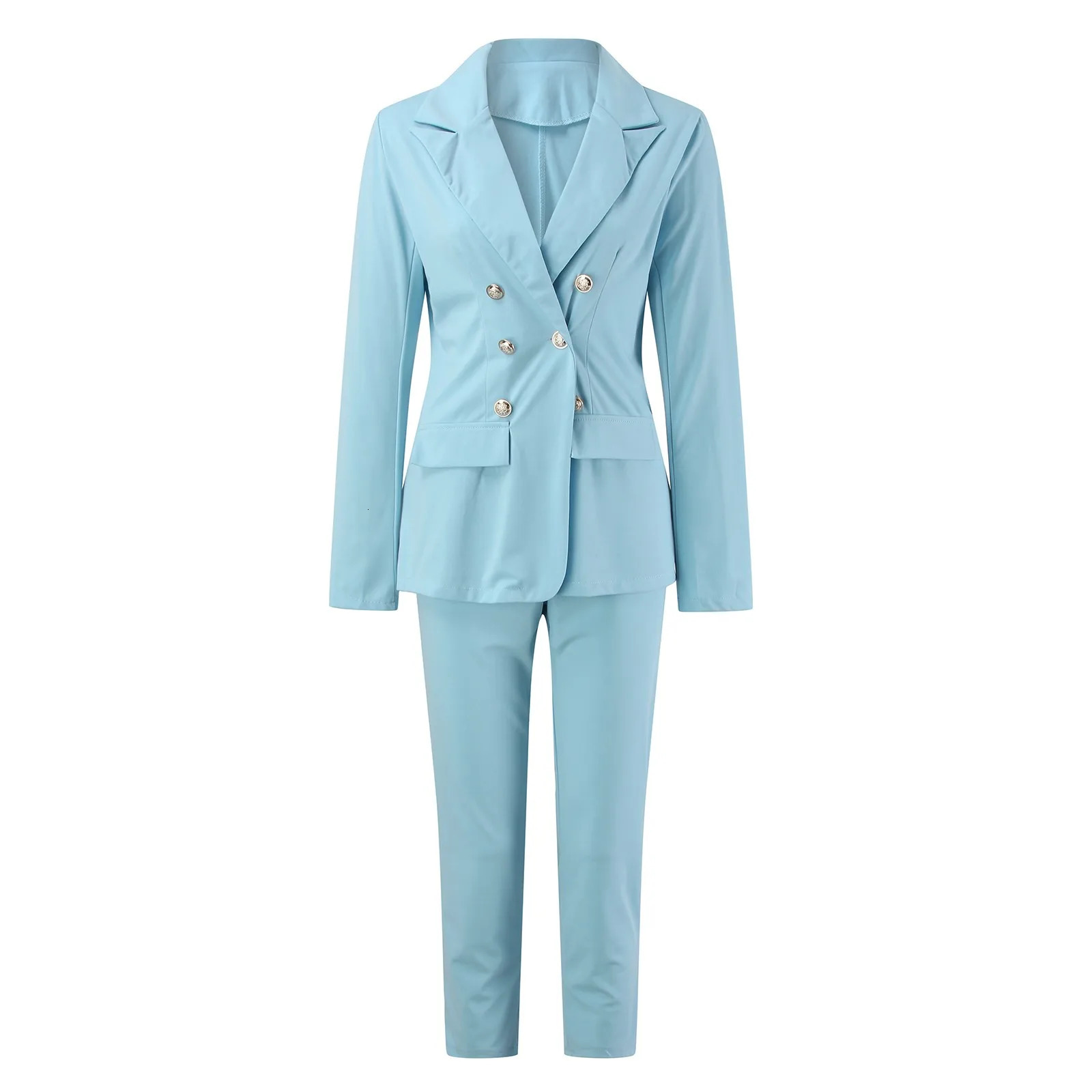 Womens solid color pantyhose professional set two-piece lapel double chest long sleeved loose straight leg mens set 241010