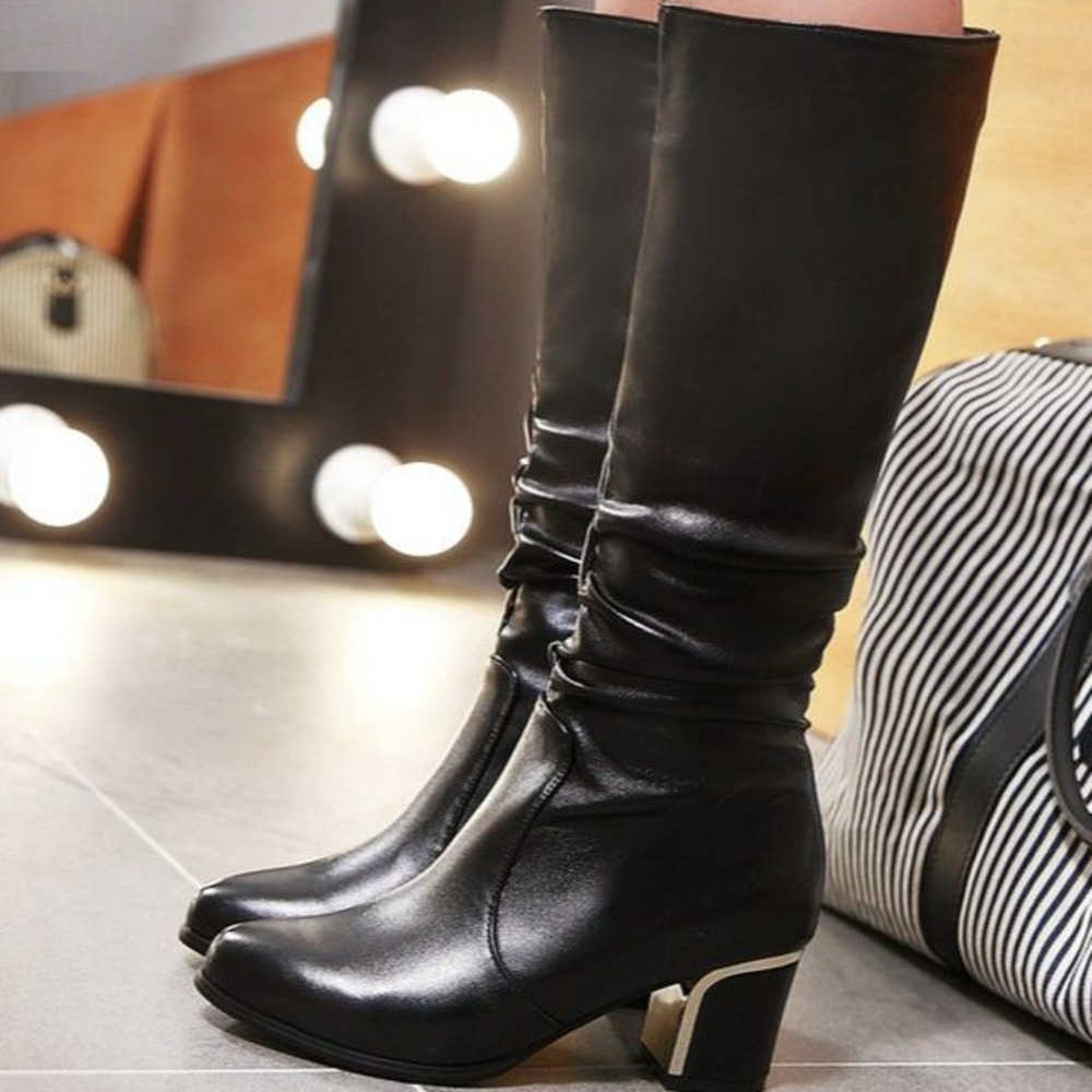Large Long Fashion Boots For Women Fashionable Martin Boots Pointed Toe Thick Heel High-heeled Knight Boots For Women Solid Color Leather Knight Boots