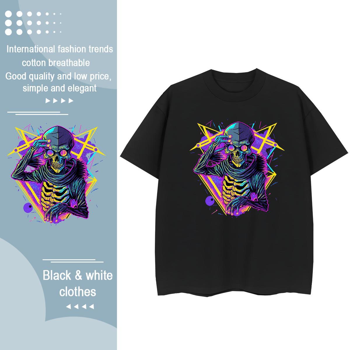 2024 T Shirt For Woman 230g 100% Cotton O Neck Short Sleeves Casual Daily Wear skull Women Tshirts Loose fit Anime Print Tops Tees