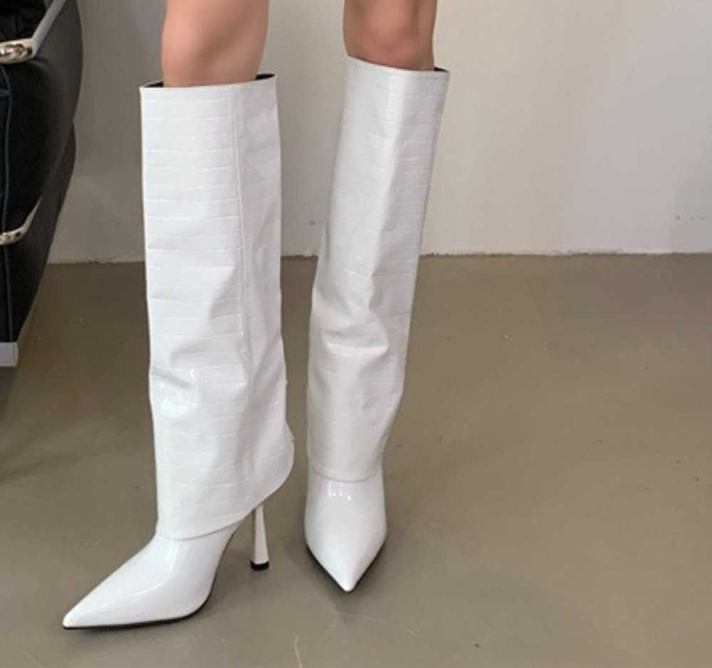 French Temperament Fashion Boots Shiny Leather Crocodile Pattern Martin Boots Straight Leg Wide Leg Boots For Women Pointed Thin Toe Knee Boots 240826