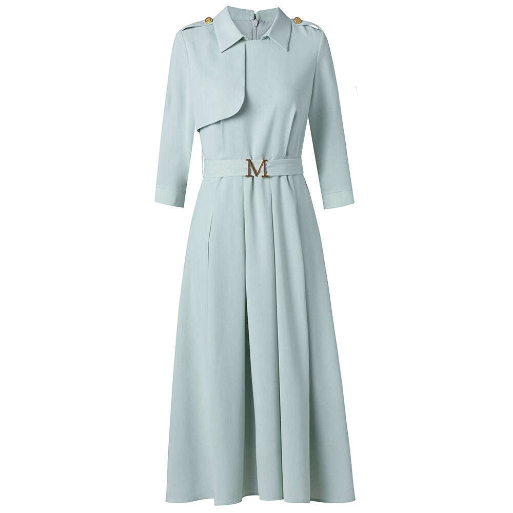 French high-end shirt collar dress with three quarter sleeves and waist belt pear shaped figure big swing skirt autumn new style
