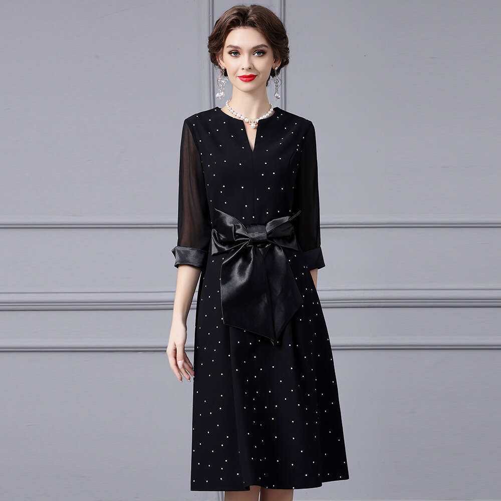 black spliced polka dot dress 2024 autumn new high-end exquisite large bow slimming A-line skirt