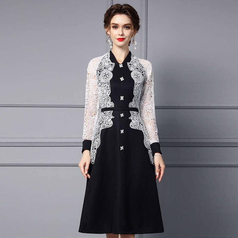 autumn women 2024 new high-end lace long sleeved slimming mid length A-line dress