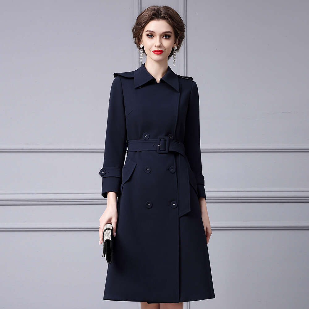 autumn womens clothing 2024 new item high-end feeling beige lapel double row buckle waist slimming windbreaker jacket