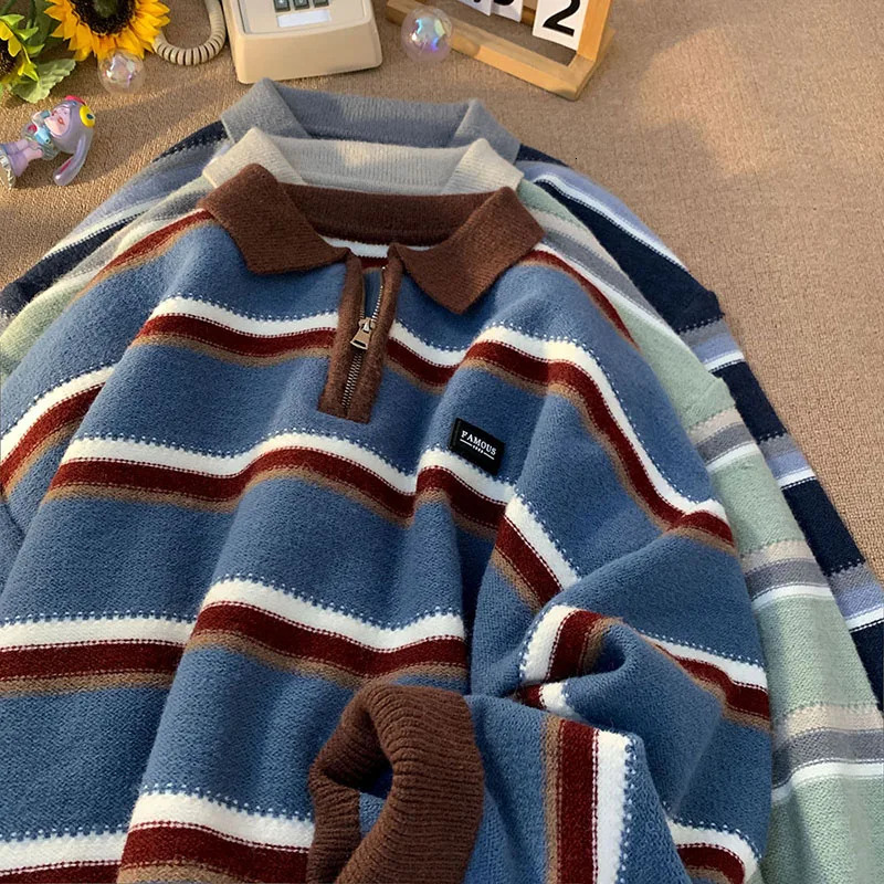 Japanese Mens Y2K Knitted Warm Polo Knitted Striped Turtle Neck Sweater Winter Street Clothing Knitted Korean Clothing Jumping Mens 241007