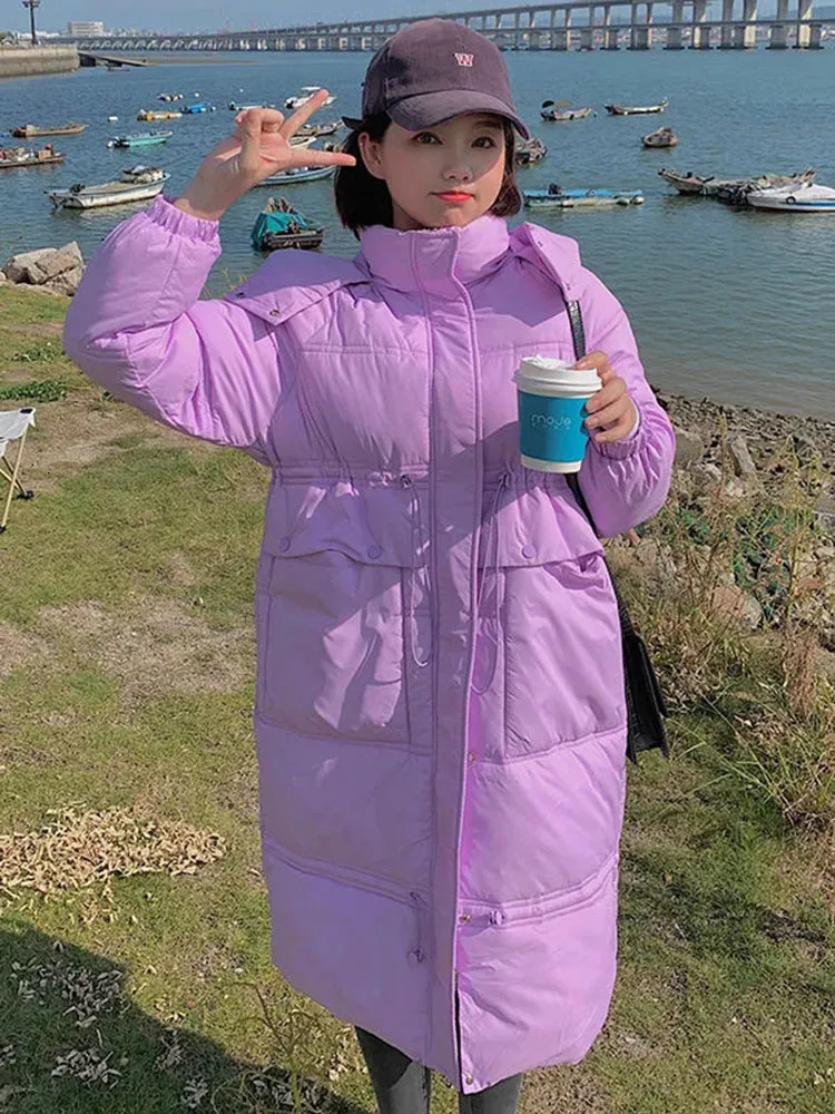 Womens winter hoodie long coat plus size thick loose pockets Parkas waist brushed Jaqueta Puffer Korean cold coat 241007