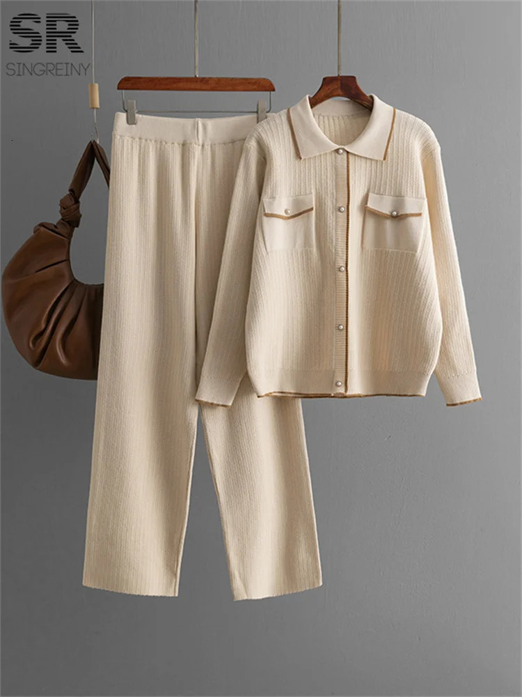 SINGREENY French style Knitted 2-piece Womens Pocket Single Chest Polo Neck TopPants Fashion 2-piece Set 241010