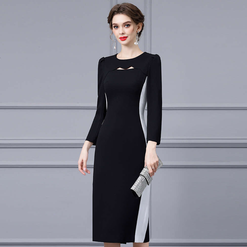 Black and White Contrast Splicing Tight Bag Hip Skirt High end Exquisite Figure Showing Acetate Dress 2024 Autumn New Collection