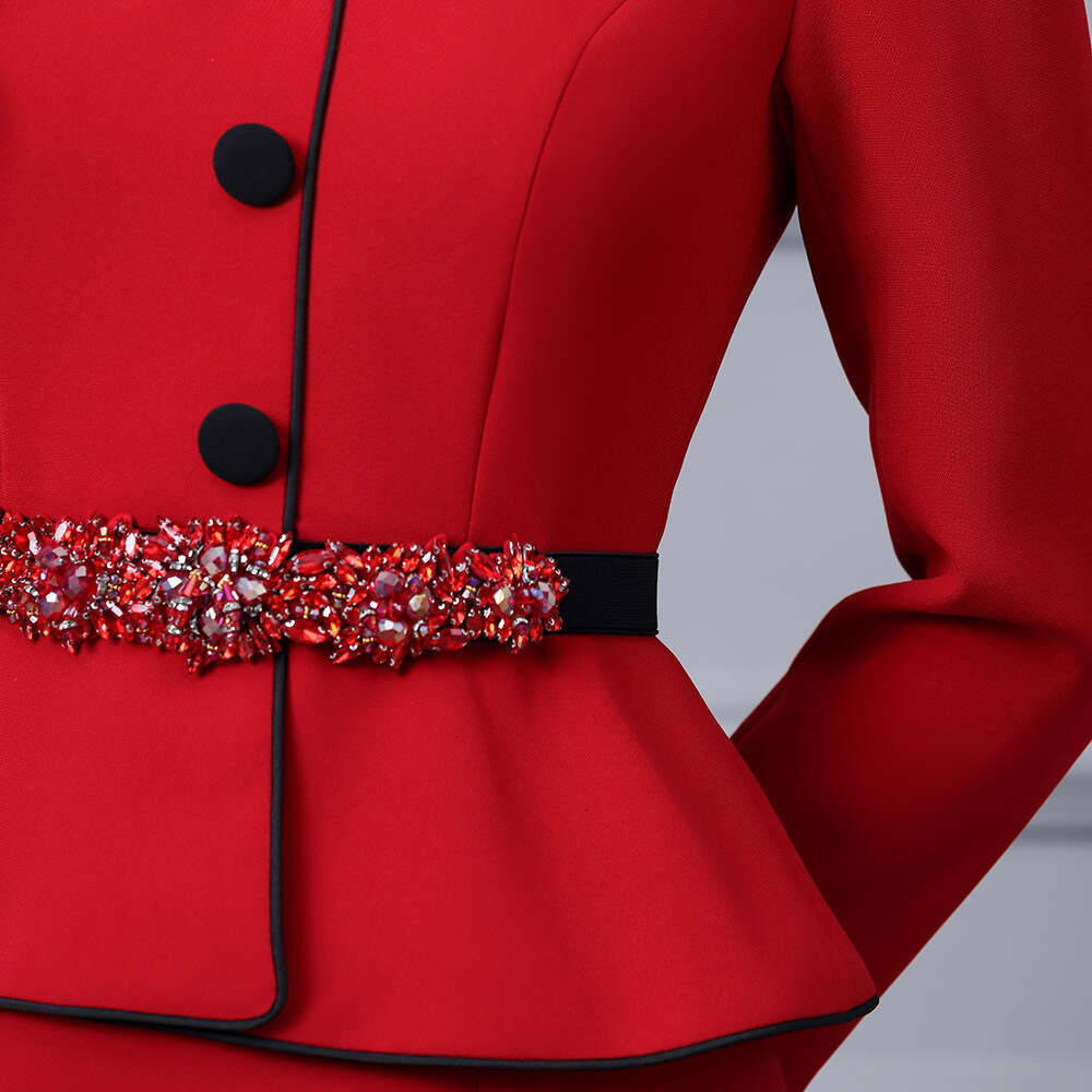 red diamond studded waistband waist cinching fake two-piece hip hugging skirt high-end luxury temperament dress 2024 autumn new item