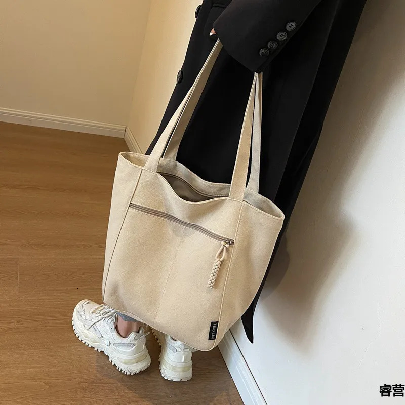 Solid Color Retro Canvas Shopping Bag Casual Simple Korean Fashion Texture Handbag Student Portable Bolsas 241008