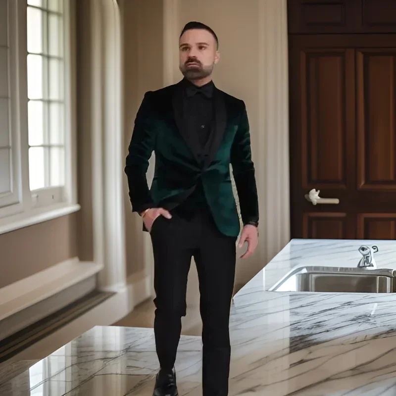 Wedding Groom Tuxedos Shawl Lapel Slim Fit Men Suits Business Fashion 1 Button Velvet Smoking Blazer 2 Pcs (Jacket + Pants) 2024