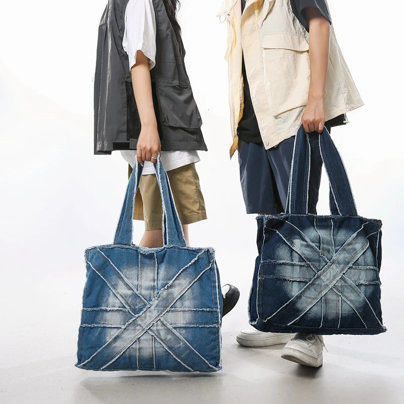 Lace dyed denim womens bag denim handbag large canvas shoulder bag shopping messenger bag Y2K ecological bag Korean handbag school 241008