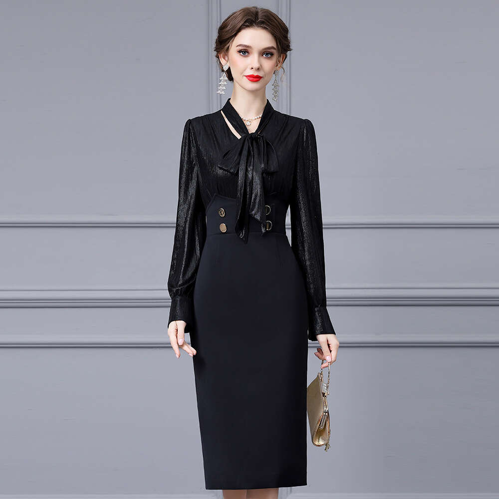 autumn fashion outfit high waist slimming elegant temperament feminine black patchwork dress 2024 new item