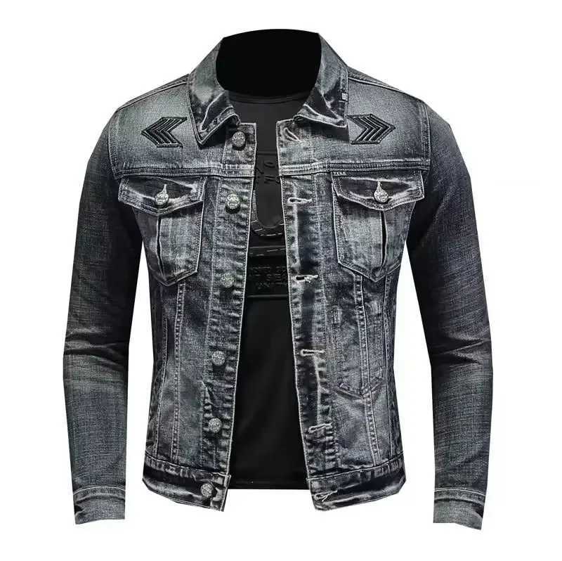 Poison denim jacket mens autumn 2023 lapel motorcycle jacket trendy high-end denim casual scene regular length W241011