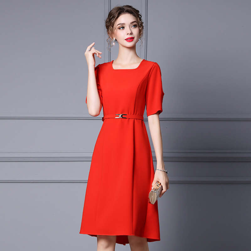 commuting slimming dress 2024 new womens summer temperament square neck red short sleeved waist A-line skirt