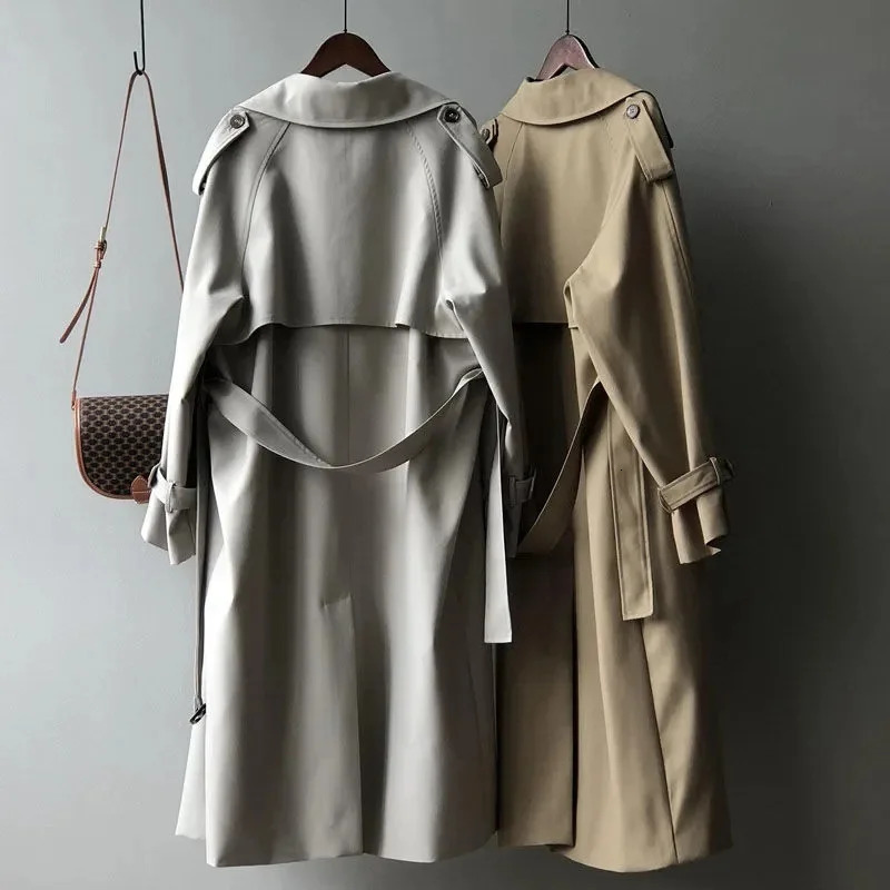 Classic Grey Long Belt Trench Coats Women Korean Double Breasted Gabardina Jackets Streetwear Windbreaker Abrigos Spring Casacos 241008