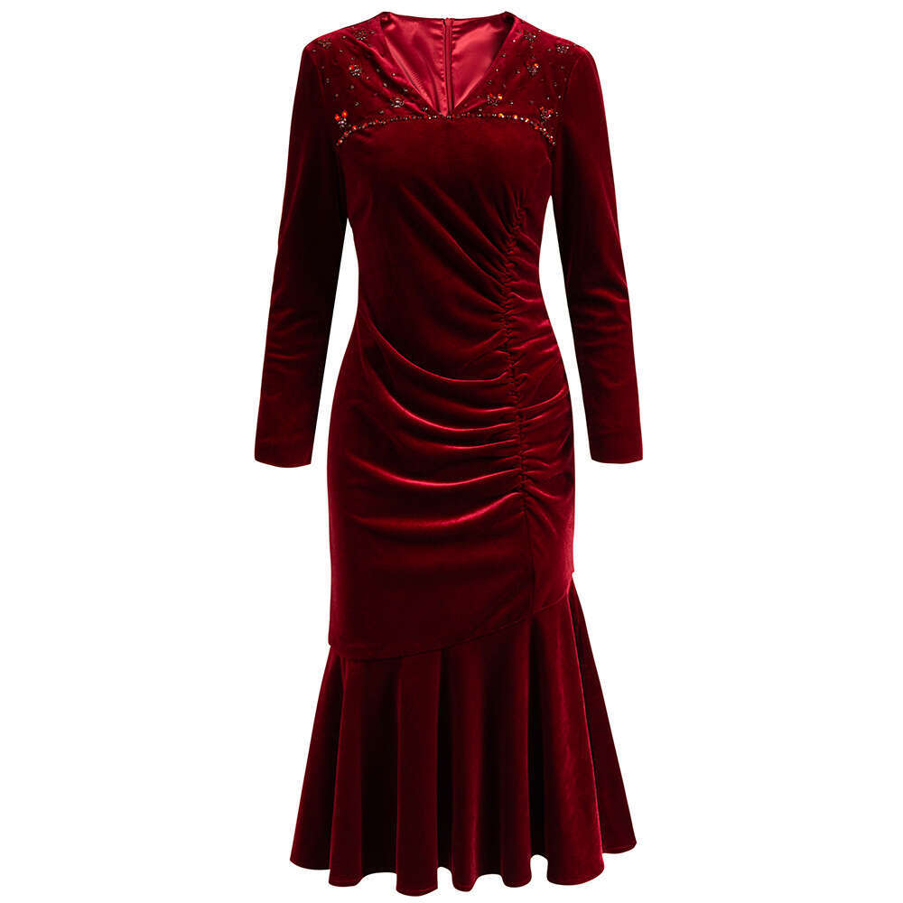 wine red gold velvet dress high-end and luxurious handmade nail drill pleated waist bag buttocks fish tail skirt autumn style