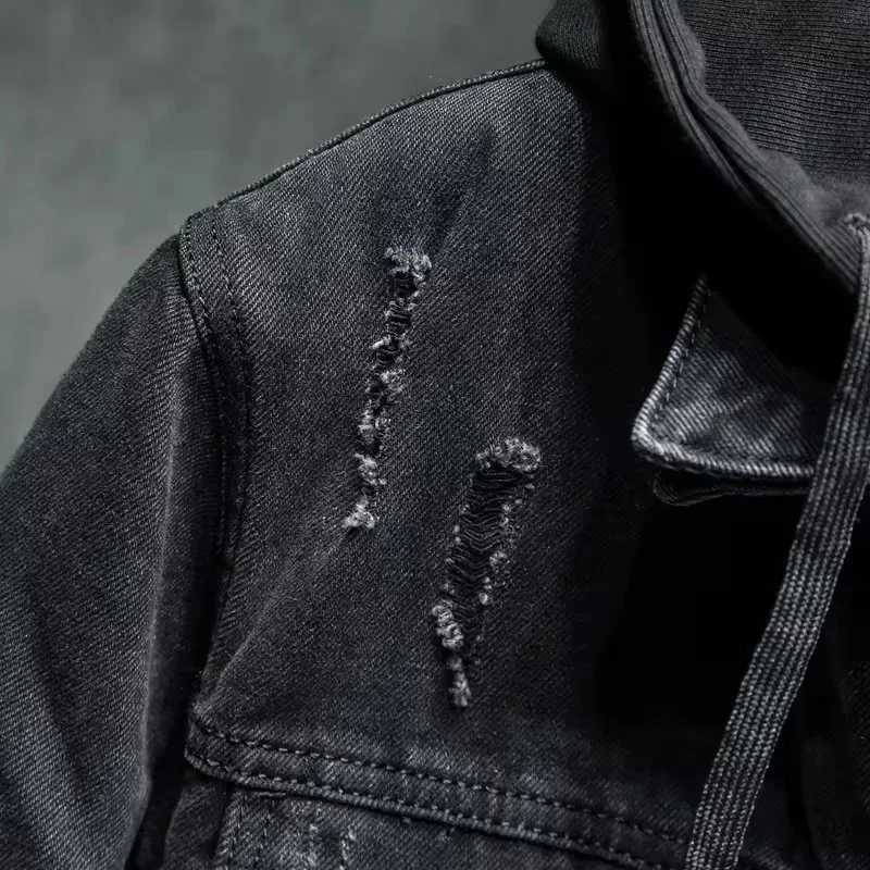 Winter new thick lined warm mens black hooded denim jacket with cotton lining and thick jacket denim jacket W241011