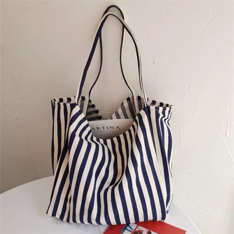 Korean version simple small striped canvas bag casual large capacity shoulder bag 241008