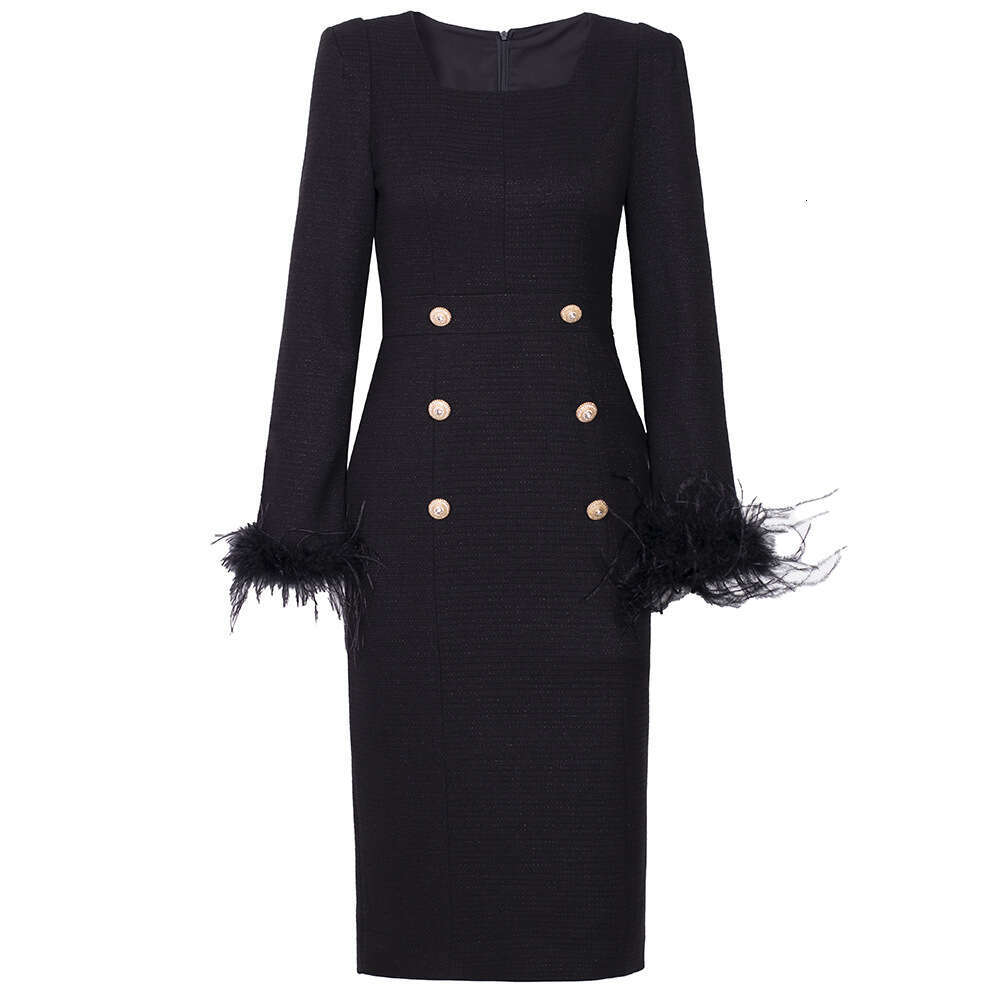 noblewoman brand womens ostrich fur decoration high waist slimming square neck split hip dress highlights figure