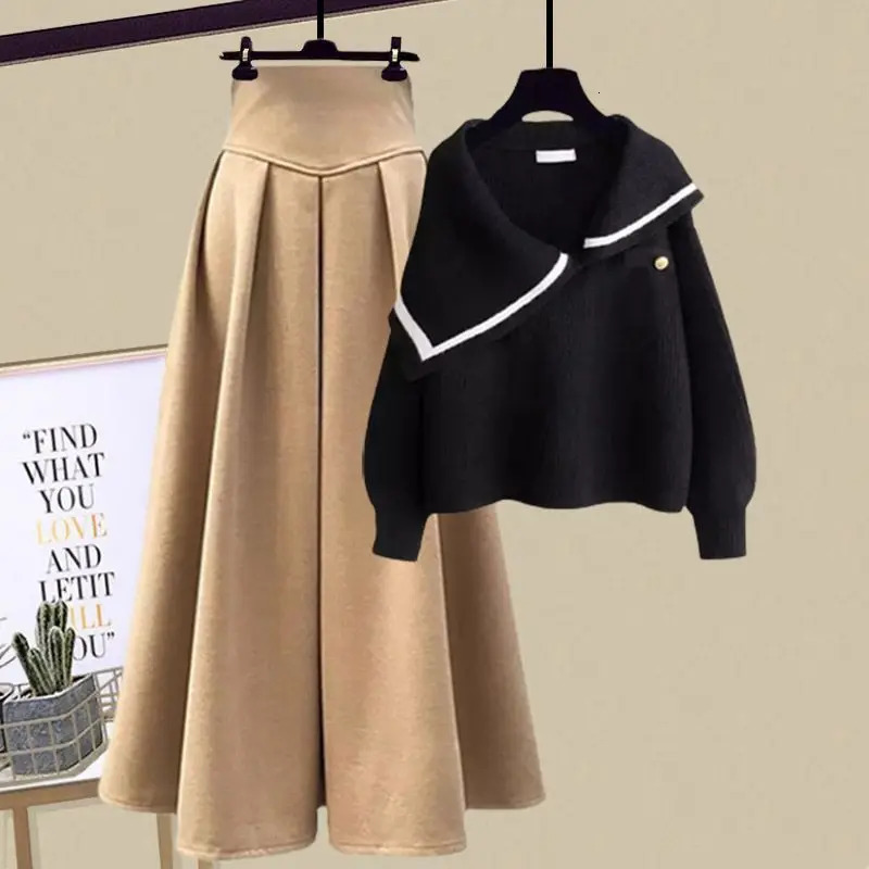 Autumn and winter knitted sweater womens Korean version semi open knitted sweater long half skirt two-piece set 241011