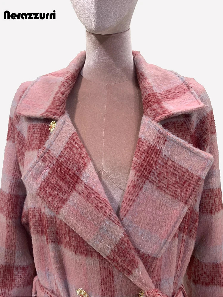 Nerazzurri Autumn Winter Long Oversized Colorful Thick Warm Soft Plaid Woolen Coat Women Double Breasted Wool blends Overcoat 240930