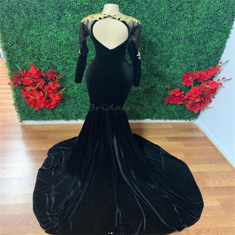 Graceful Black And Gold Prom Dresses Open Back Velvet Mermaid Evening Dress Beautiful Long Sleeve Plus Size Formal Dinner Party Dress Applique Lace Ve