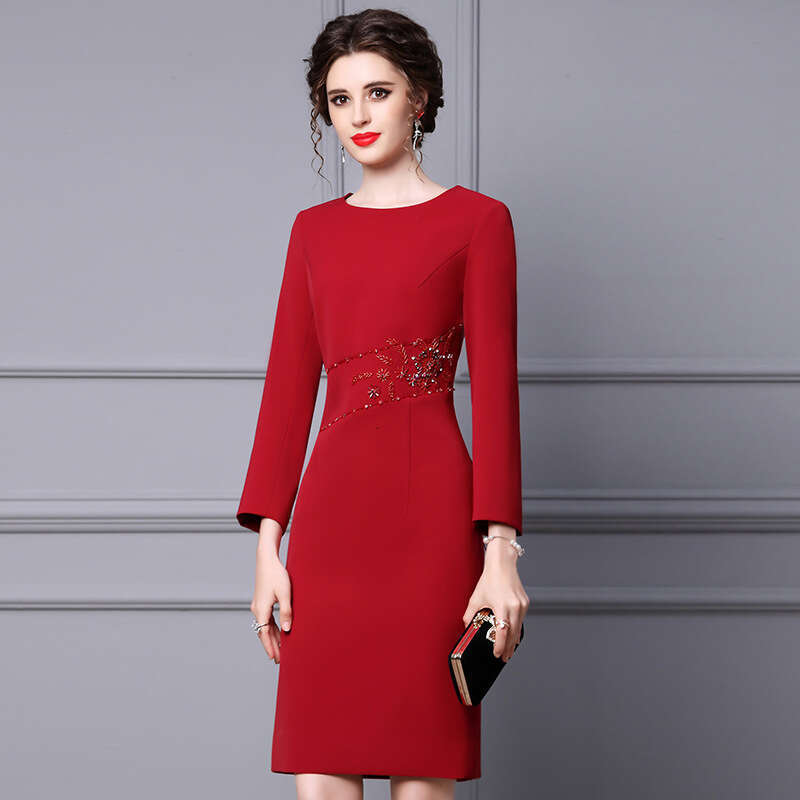 autumn 2024 new long sleeved wine red elegant temperament nail bead waist slimming party dress
