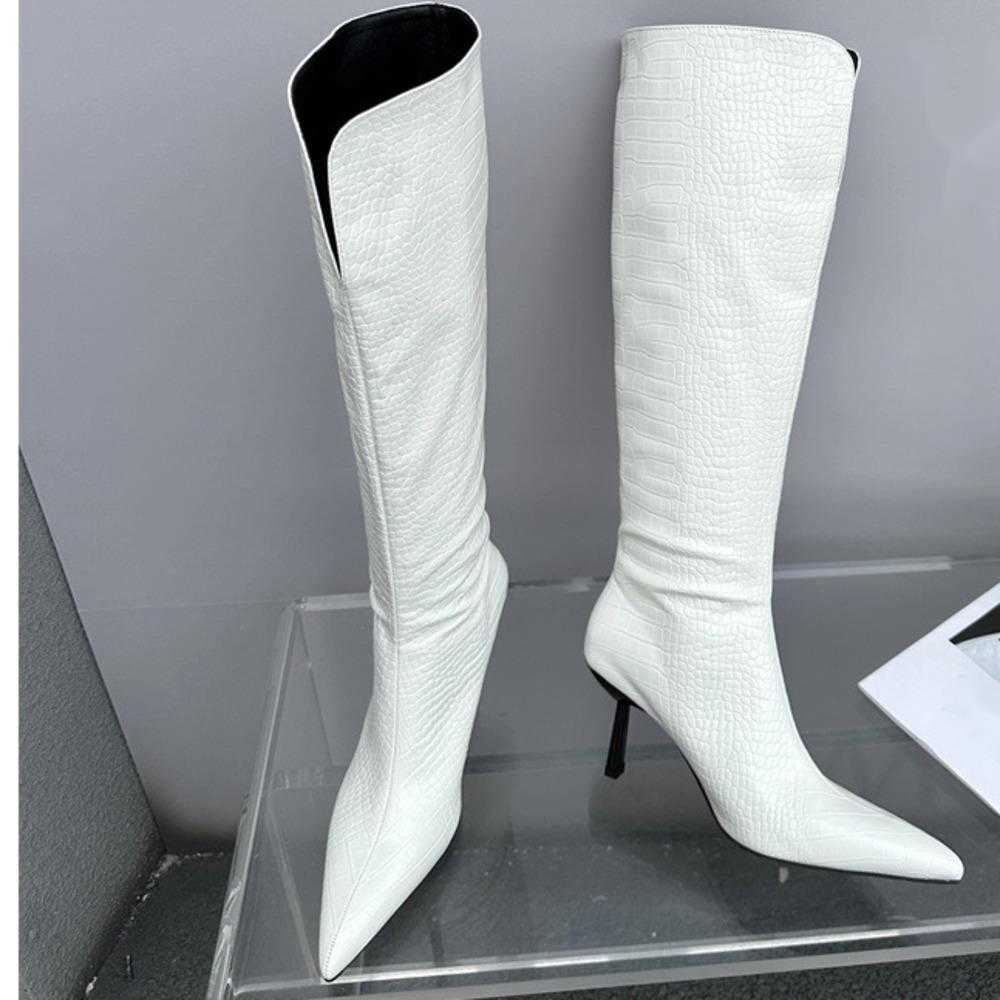 V-neck Thick Fashion Boots Pointed High Heel Tube Knee Martin Boots For Women High-heeled Long Tube Fashion Boots Crocodile Patterned Boots 240826