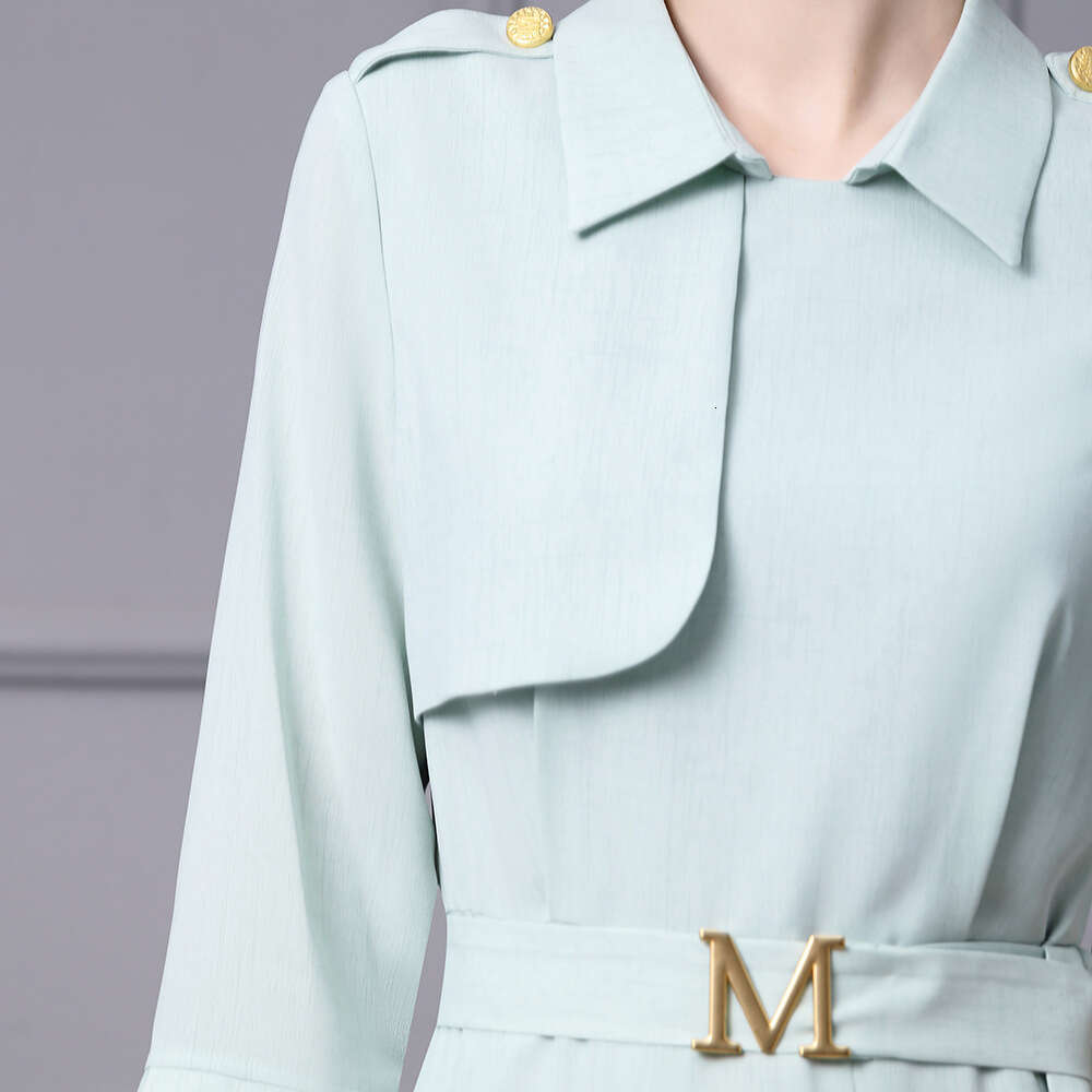French high-end shirt collar dress with three quarter sleeves and waist belt pear shaped figure big swing skirt autumn new style