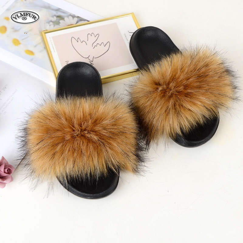 Women's Summer Faux Fox Fur Slippers Fashion Indoor and Outdoor Non-Slip Solid Color Flat Bottom Furry Sandals free shipping shoes