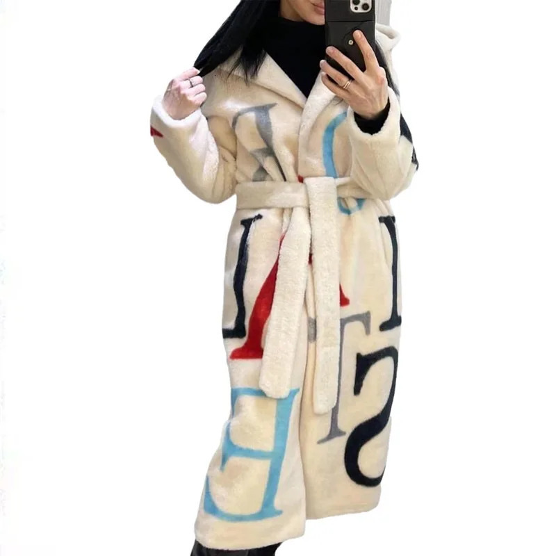 European and American letter fashion womens large-sized printed long wool coat for women 241007