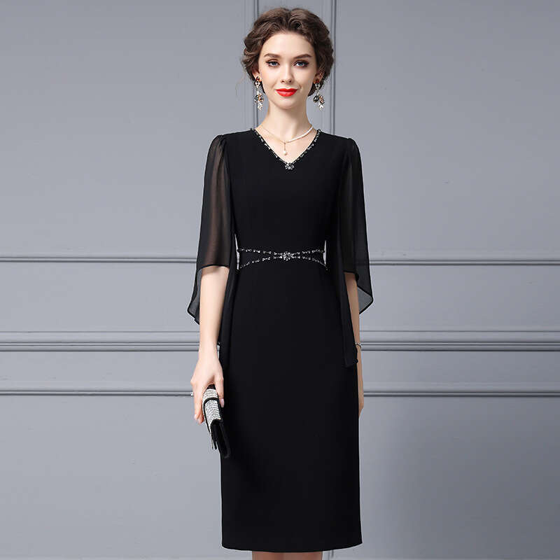 slimming dress 2024 womens new summer Hepburn temperament V-neck studded diamond cape yarn sleeve wrapped hip skirt