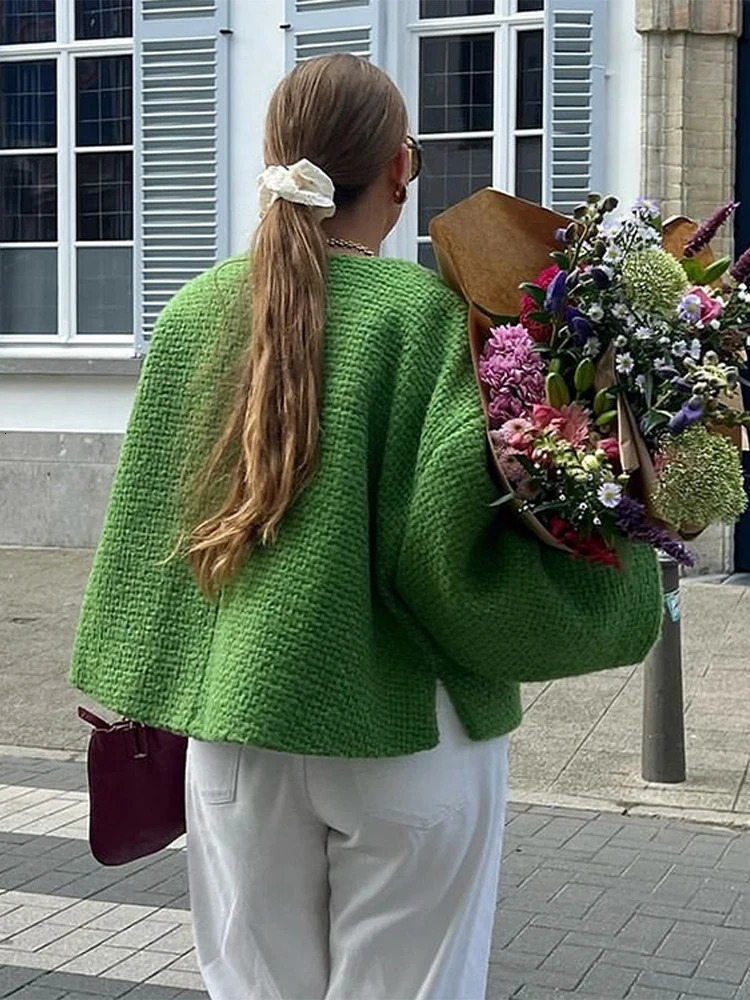 Bow Tweed Jacket Coat Green Lace Up Cardigan Womens Spring Autumn Short Overcoat Loose Casual Round Neck Top Slimming Outwear 241011