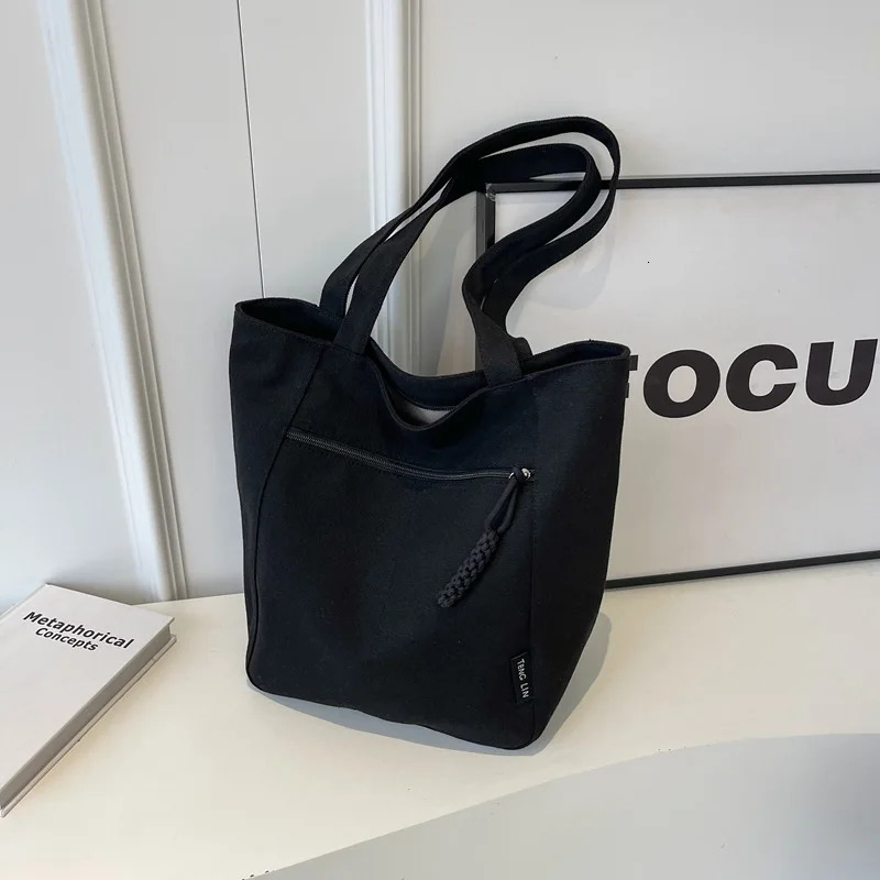 Solid Color Retro Canvas Shopping Bag Casual Simple Korean Fashion Texture Handbag Student Portable Bolsas 241008