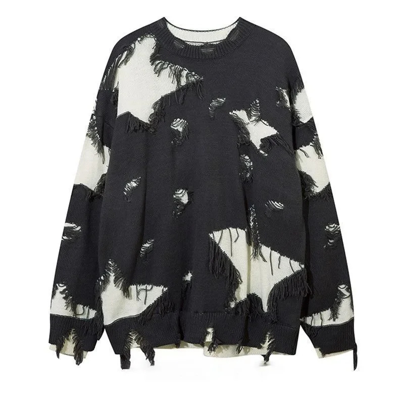 Star Hollow Tassel fashion hip-hop mens sweater Inset American High Street loose casual floral couple knitting 241007