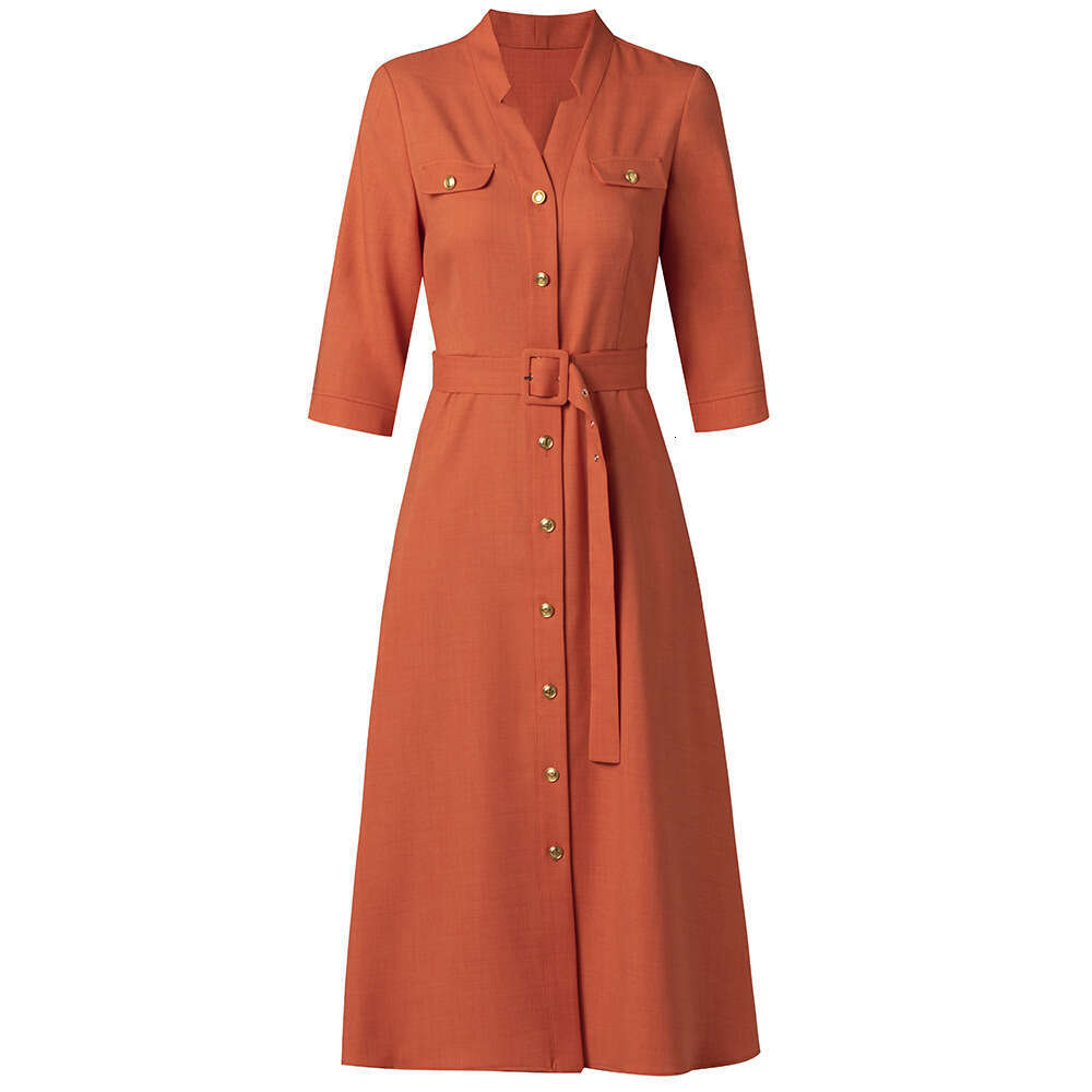 Smart and mature temperament slim waist V-neck single breasted pear shaped figure big swing dress autumn 2024 new product