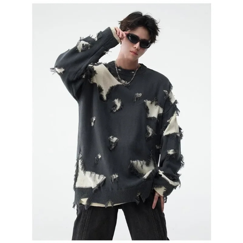 Star Hollow Tassel fashion hip-hop mens sweater Inset American High Street loose casual floral couple knitting 241007